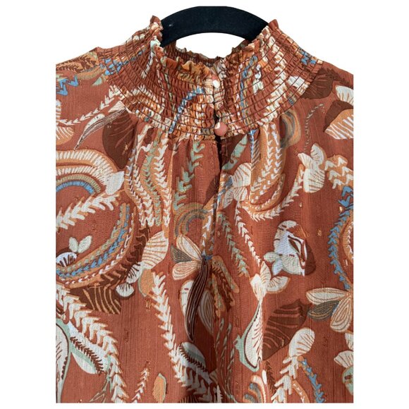 Joie Burnt Orange Floral Flutter Sleeve Smocked Mock Neck Top Women's Medium - Picture 5 of 8